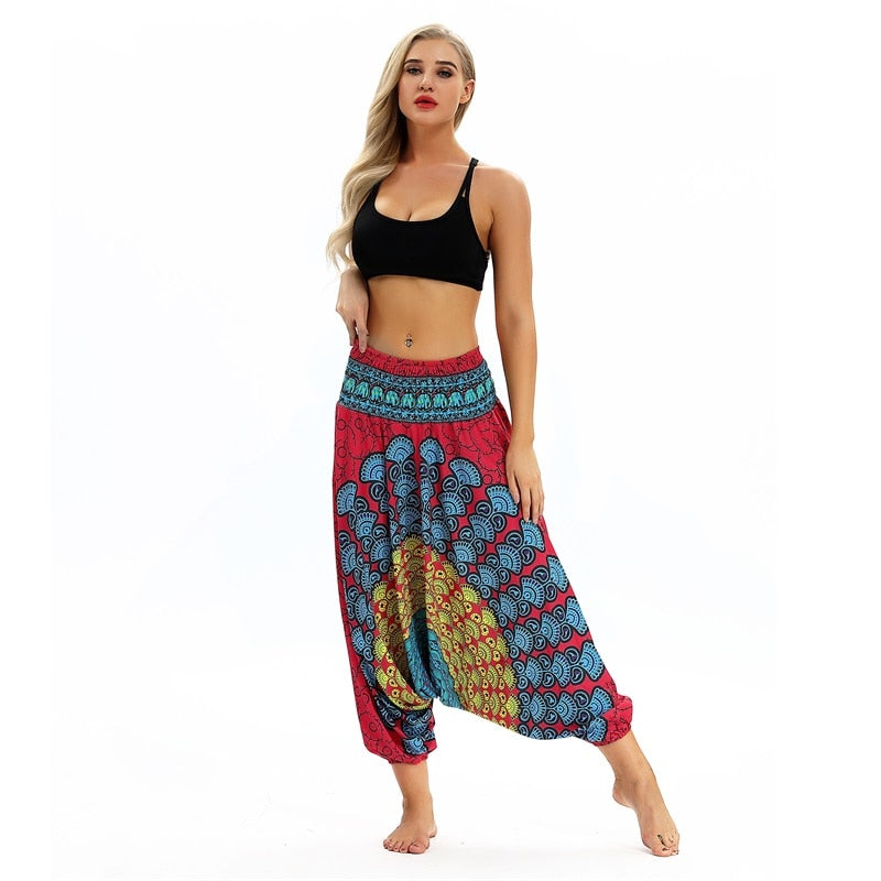 Women Soft Loose Thai Harem Pants Indie Folk Boho Festival Hippy Casual Trousers Loose Elastic Waist National Style Pants