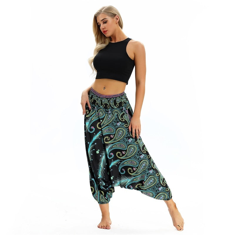 Women Soft Loose Thai Harem Pants Indie Folk Boho Festival Hippy Casual Trousers Loose Elastic Waist National Style Pants