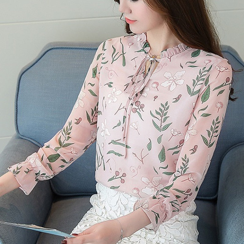 Women Spring Autumn Chiffon Blouses Tops Chiffon Blouses Shirts Ladies Floral Print Blouse Femme Long Sleeve Plus Size Blusas 90