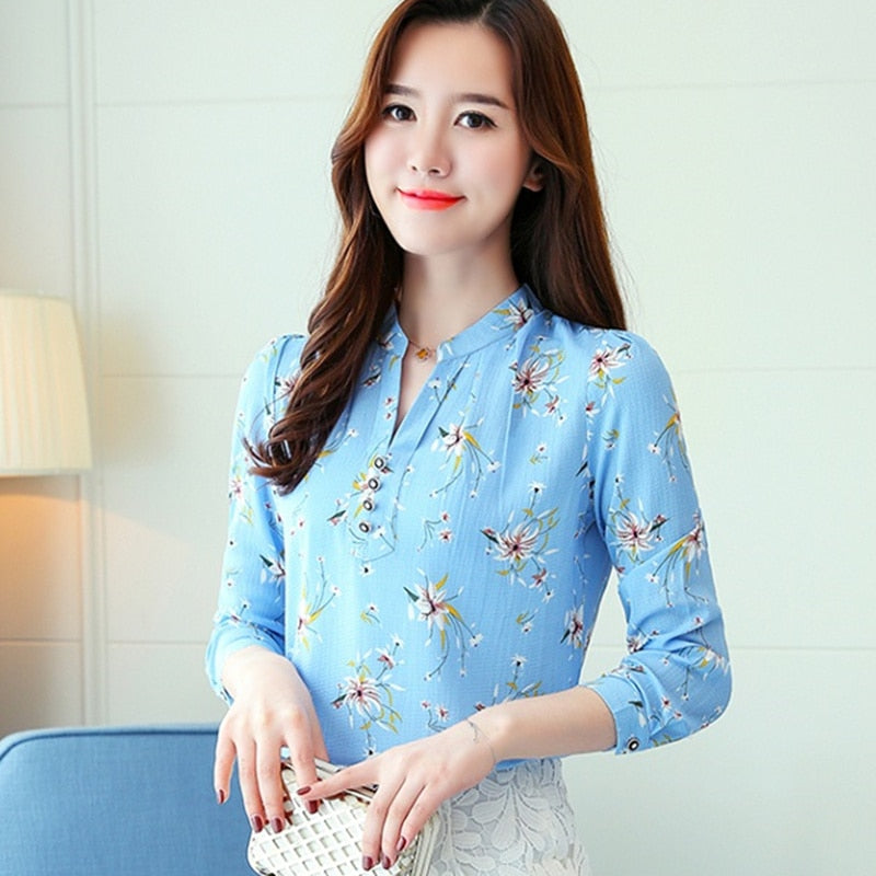 Women Spring Autumn Chiffon Blouses Tops Chiffon Blouses Shirts Ladies Floral Print Blouse Femme Long Sleeve Plus Size Blusas 90