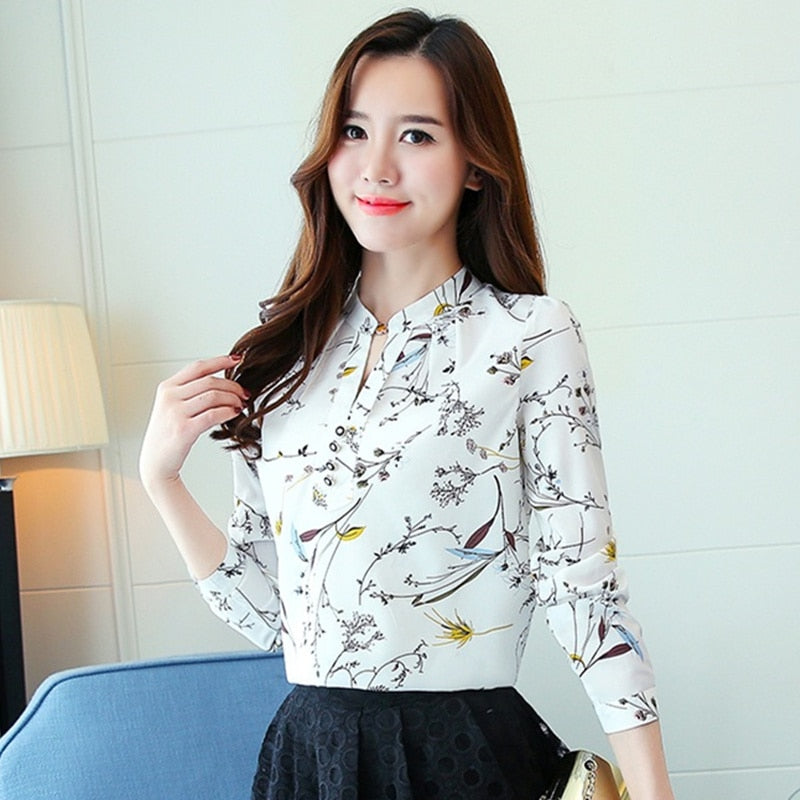 Women Spring Autumn Chiffon Blouses Tops Chiffon Blouses Shirts Ladies Floral Print Blouse Femme Long Sleeve Plus Size Blusas 90