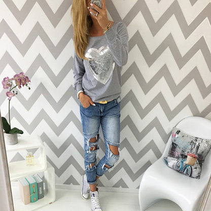 Women Spring Autumn Long Sleeve O Neck T Shirt 2018 Ladies Cotton Sequined Tee