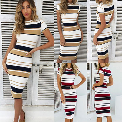 Women Stripe Short Sleeve Ladies Knee Length Dress Plain Jersey Stretch Bodycon Dress Autumn Warm Basic Dress