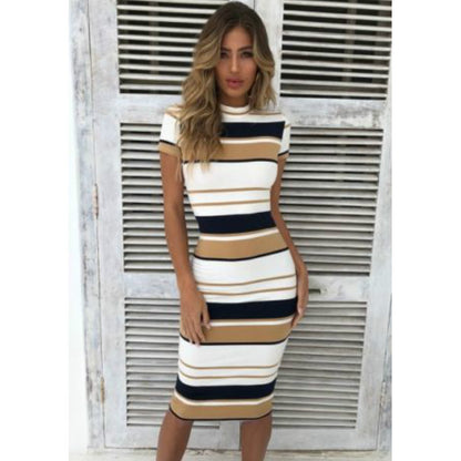 Women Stripe Short Sleeve Ladies Knee Length Dress Plain Jersey Stretch Bodycon Dress Autumn Warm Basic Dress