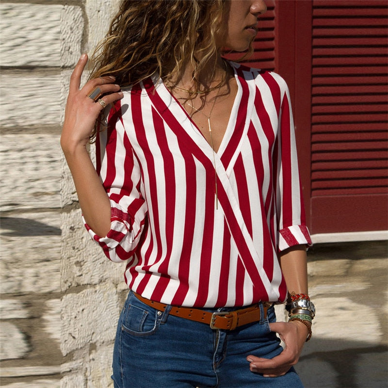 Women Striped Blouse Shirt Long Sleeve Blouse V-neck Shirts Casual Tops Blouse et Chemisier Femme Blusas Mujer de Moda 2019