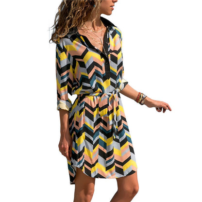 Women Striped Shirt Dress Summer Print Beach Chiffon Dresses 2019 Ladies Casual Loose Long Sleeve Party Dress Vestidos de Fiesta