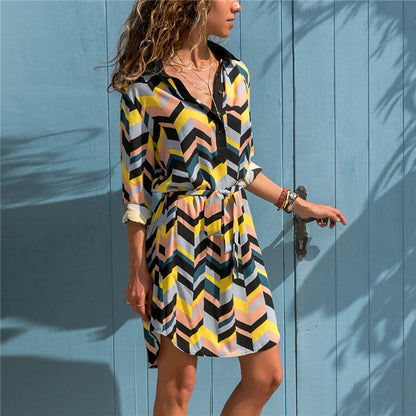 Women Striped Shirt Dress Summer Print Beach Chiffon Dresses 2019 Ladies Casual Loose Long Sleeve Party Dress Vestidos de Fiesta