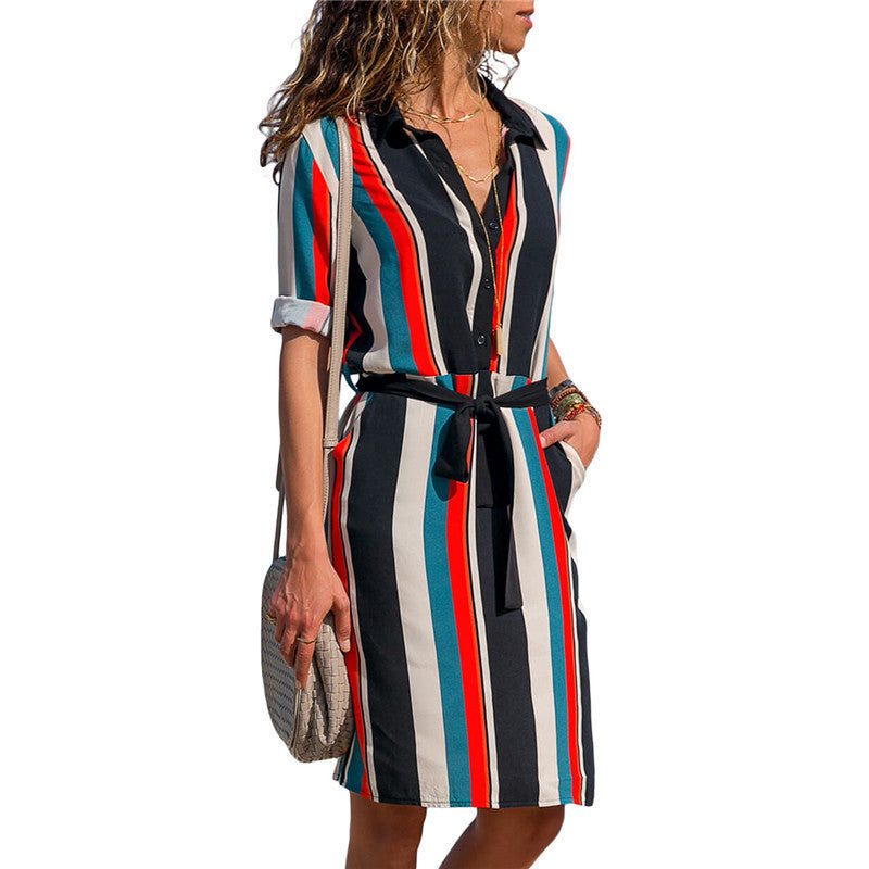 Women Striped Shirt Dress Summer Print Beach Chiffon Dresses 2019 Ladies Casual Loose Long Sleeve Party Dress Vestidos de Fiesta