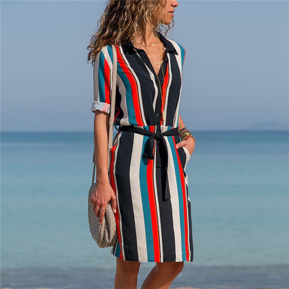 Women Striped Shirt Dress Summer Print Beach Chiffon Dresses 2019 Ladies Casual Loose Long Sleeve Party Dress Vestidos de Fiesta