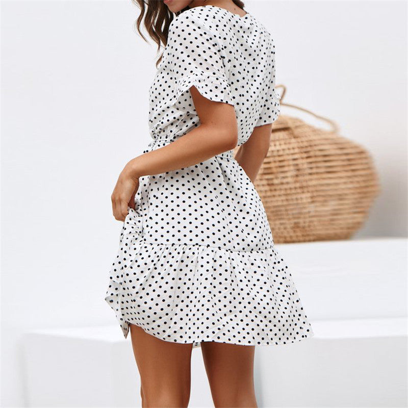 Women Summer Beach Dress 2019 Casual Short Sleeve Polka White Dot Dress Boho Mini Party Dress Elegant V-Neck Sundress Vestidos