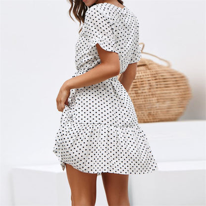 Women Summer Beach Dress 2019 Casual Short Sleeve Polka White Dot Dress Boho Mini Party Dress Elegant V-Neck Sundress Vestidos