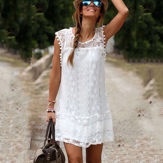 Women Summer Beach Dress Lace Sleeveless Short Tassel Casual Mini Dresses Beach Vestidos De Fiesta