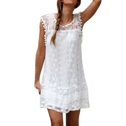 Women Summer Beach Dress Lace Sleeveless Short Tassel Casual Mini Dresses Beach Vestidos De Fiesta