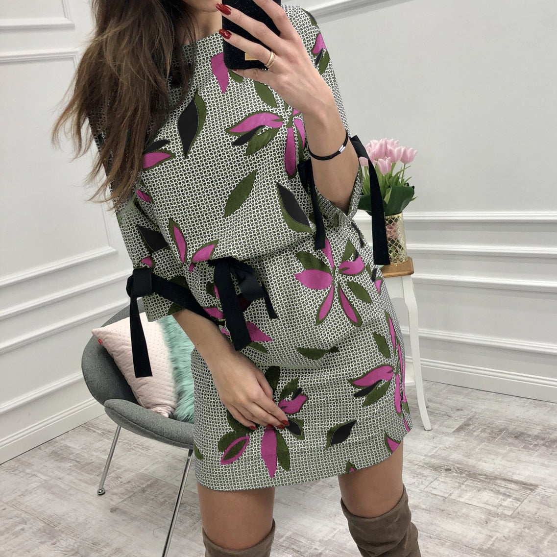 Women Summer Casual O-neck Floral Printed Dresses Girl Sweet Bow Kawaii Mini Sundress Femme Dress Beach Boho Plus Size N8873