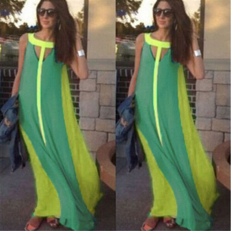 Women Summer Dress 2018 Boho Sleeveless Contrast Striped Maxi Long Dress Casual Beach Party Dresses Vestido de Festa Robe Femme