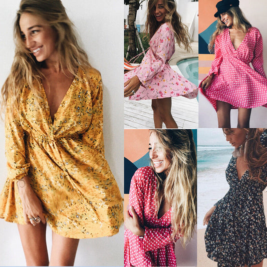 Women Summer Floral Long Sleeve Dress Evening Party Summer Beach V neck Sundress Summer Style bohemian beach dress