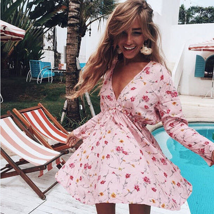 Women Summer Floral Long Sleeve Dress Evening Party Summer Beach V neck Sundress Summer Style bohemian beach dress