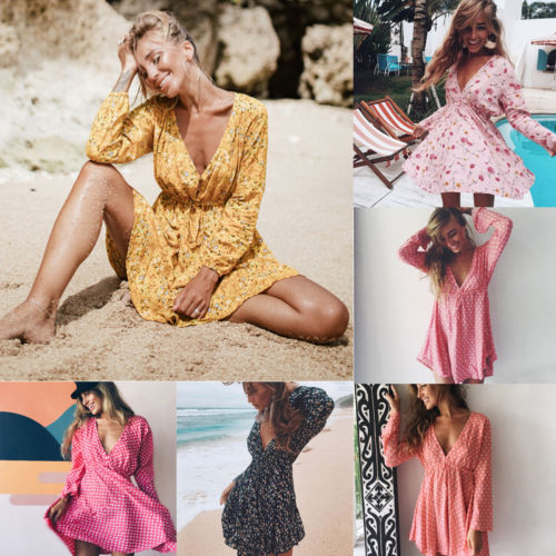 Women Summer Floral Long Sleeve Dress Evening Party Summer Beach V neck Sundress Summer Style bohemian beach dress