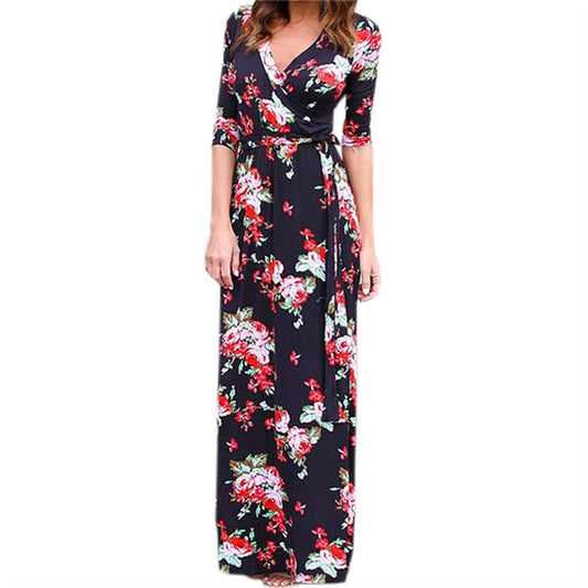 Women Summer Floral Print Maxi Dress Boho Beach Dress Tunic Bandage Bodycon Evening Party Long Dress Vestidos largos mujer XXL