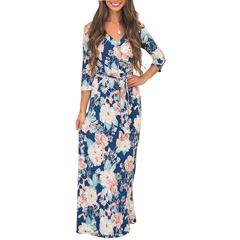 Women Summer Floral Print Maxi Dress Boho Beach Dress Tunic Bandage Bodycon Evening Party Long Dress Vestidos largos mujer XXL