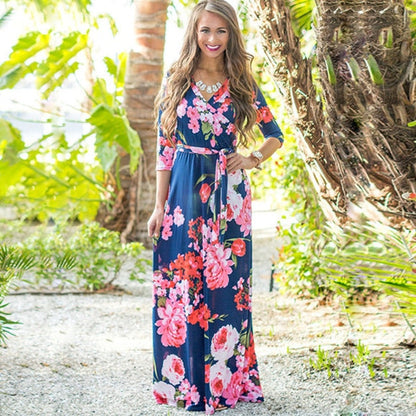 Women Summer Floral Print Maxi Dress Boho Beach Dress Tunic Bandage Bodycon Evening Party Long Dress Vestidos largos mujer XXL