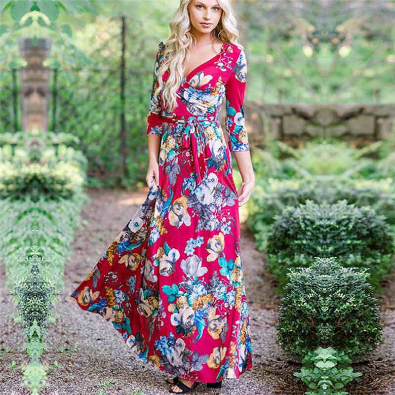 Women Summer Floral Print Maxi Dress Boho Style Long Beach Dress Evening Party Long Bandage Bodycon Dress Plus Size Vestidos