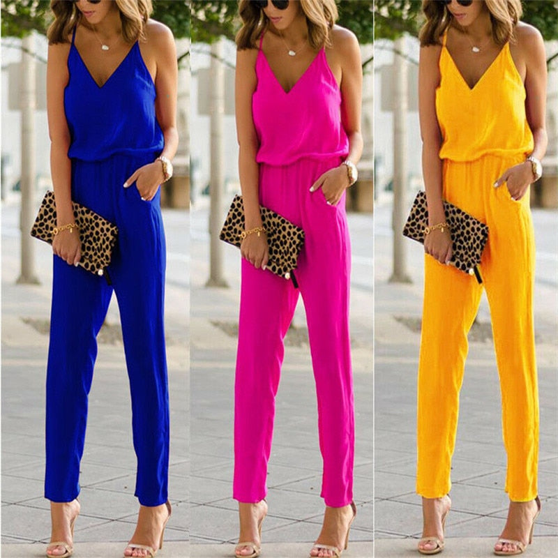 Women Summer Ladies V Neck Spaghetti Strap Sleeveless Jumpsuits Cotton Linen Bodycon  Long Pants Romper Trousers Club  Fashion