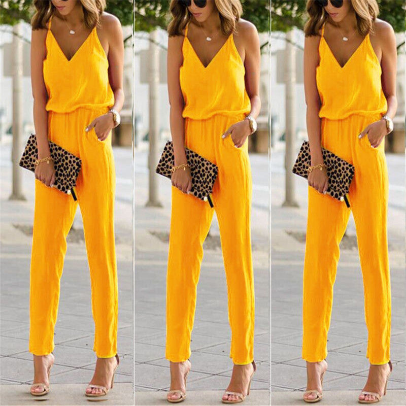 Women Summer Ladies V Neck Spaghetti Strap Sleeveless Jumpsuits Cotton Linen Bodycon  Long Pants Romper Trousers Club  Fashion