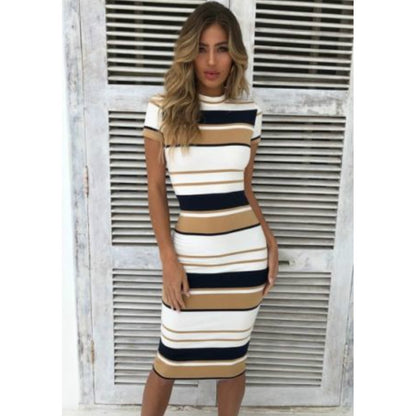 Women Summer Stripe Bodycon Dress Vestidos Short Sleeve Ladies Knee Length Dress Plain Jersey Stretch Basic Dress