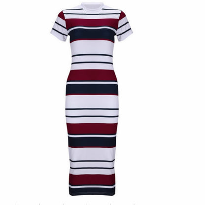 Women Summer Stripe Bodycon Dress Vestidos Short Sleeve Ladies Knee Length Dress Plain Jersey Stretch Basic Dress