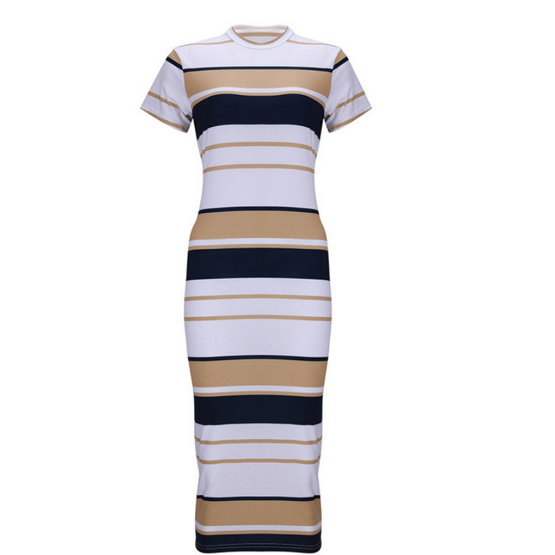 Women Summer Stripe Bodycon Dress Vestidos Short Sleeve Ladies Knee Length Dress Plain Jersey Stretch Basic Dress