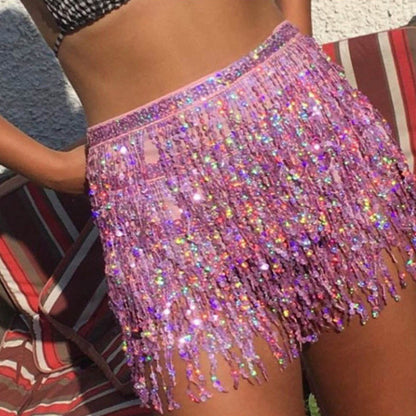 Short Sequin Tassel Wrap Skirt