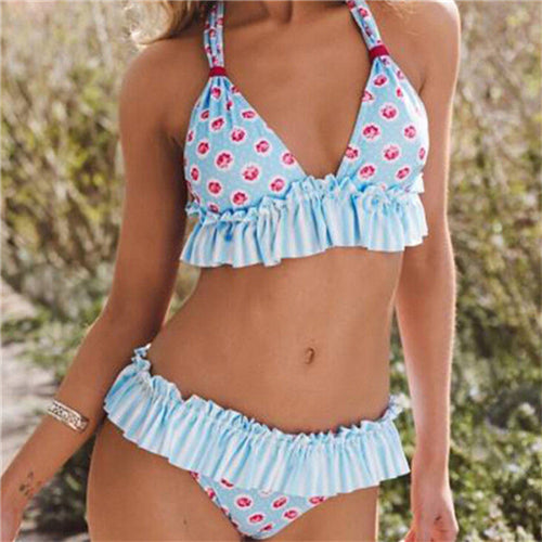 Women Swimsuit Ruffles Floral Swimwear Push Up Padded Bikini Set Two Piece Swimming Costume Women Beach Biquini Swimming Sets