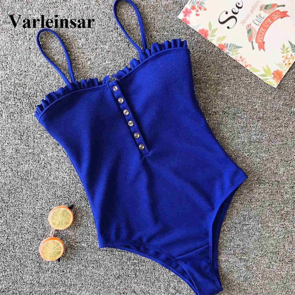 Women Swimwear 2019 One-word Neckline One Piece Swimsuit Female Bather Ribbed Bathing Suit Swim Wear Lady V1212