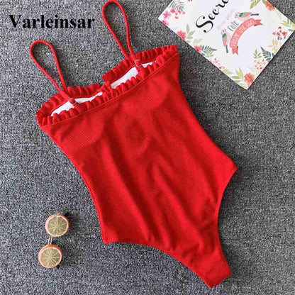 Women Swimwear 2019 One-word Neckline One Piece Swimsuit Female Bather Ribbed Bathing Suit Swim Wear Lady V1212