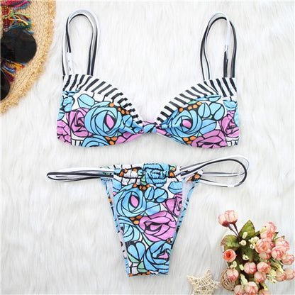 Women Swimwear Summer Bikini Set Push-up Padded Bra Floral Bathing Suit Striped Swimsuit Set Swimming Costume Ladies Beachwear