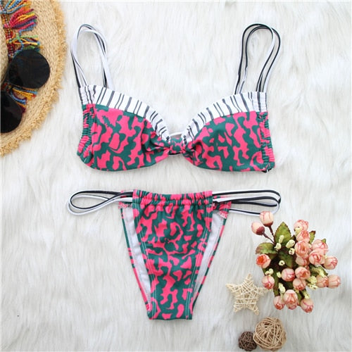 Women Swimwear Summer Bikini Set Push-up Padded Bra Floral Bathing Suit Striped Swimsuit Set Swimming Costume Ladies Beachwear