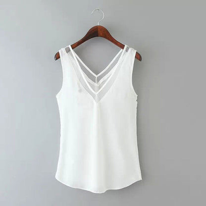 Women Tank Top Summer V Neck Chiffon Vest Top Sleeveless Casual Tank Blusas Tops Sheer Mesh Patchwork T Shirt Bottom Camisole