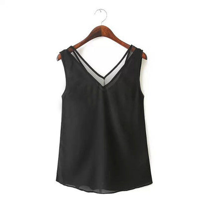 Women Tank Top Summer V Neck Chiffon Vest Top Sleeveless Casual Tank Blusas Tops Sheer Mesh Patchwork T Shirt Bottom Camisole