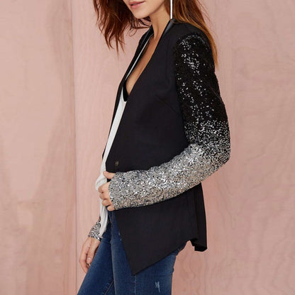 Women Thin Jacket Coat 2018 Spring Autumn Long Sleeve Lapel Fashion Silver Black Sequin Elegant Slim Work Blazers Suit feminino