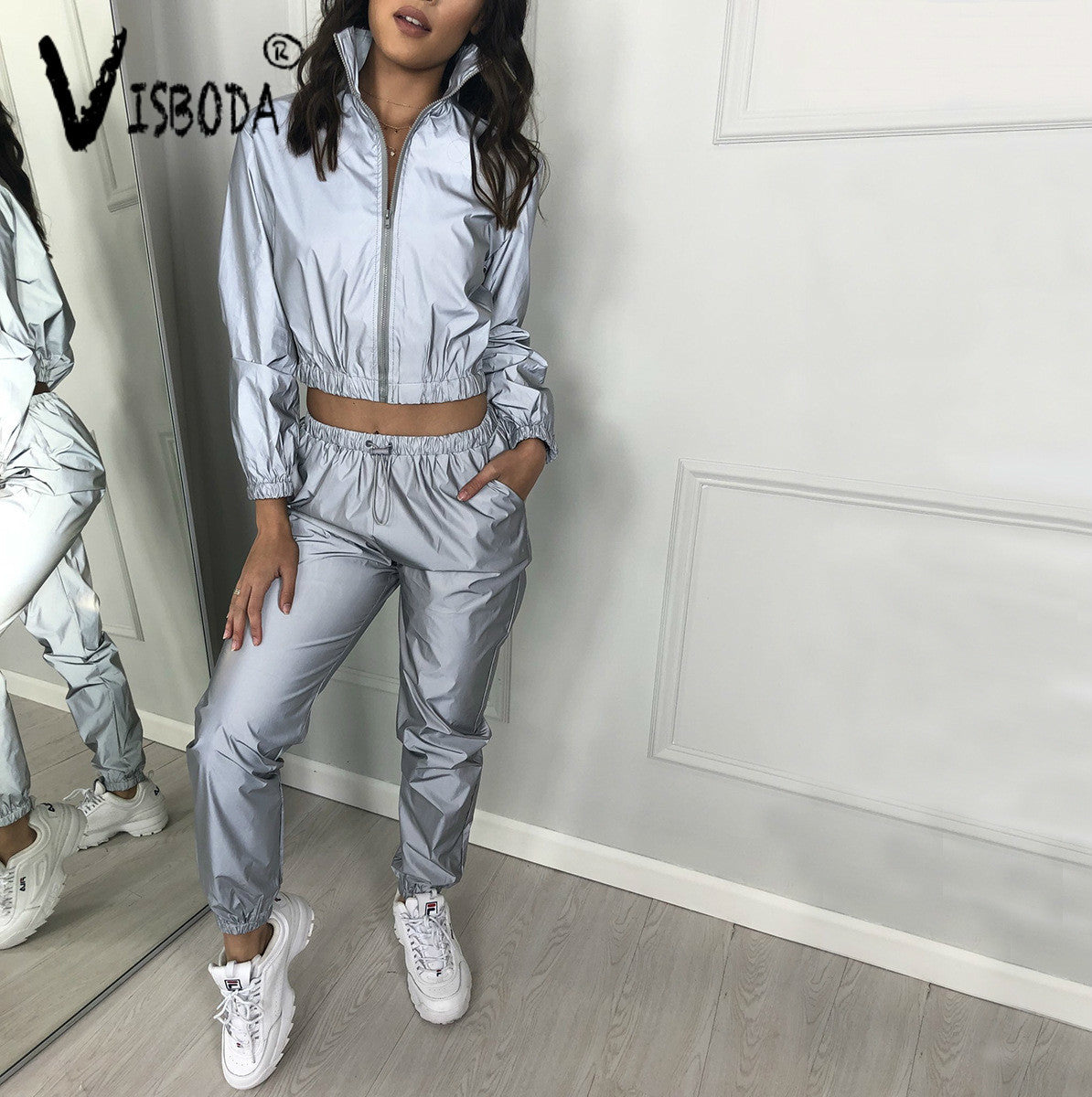 Women Tracksuits 2 Piece Set Reflective Crop Top Pants Fashion 2019 Ladies Loose Zipper Shine Jacket Coat Trouser Suit Plus Size