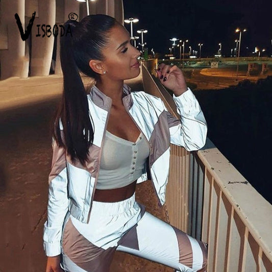 Women Tracksuits 2 Piece Set Reflective Zipper Crop Top Pants Hip Hop Fashion Female Loose Shine Jacket Coat Trousers Plus Size