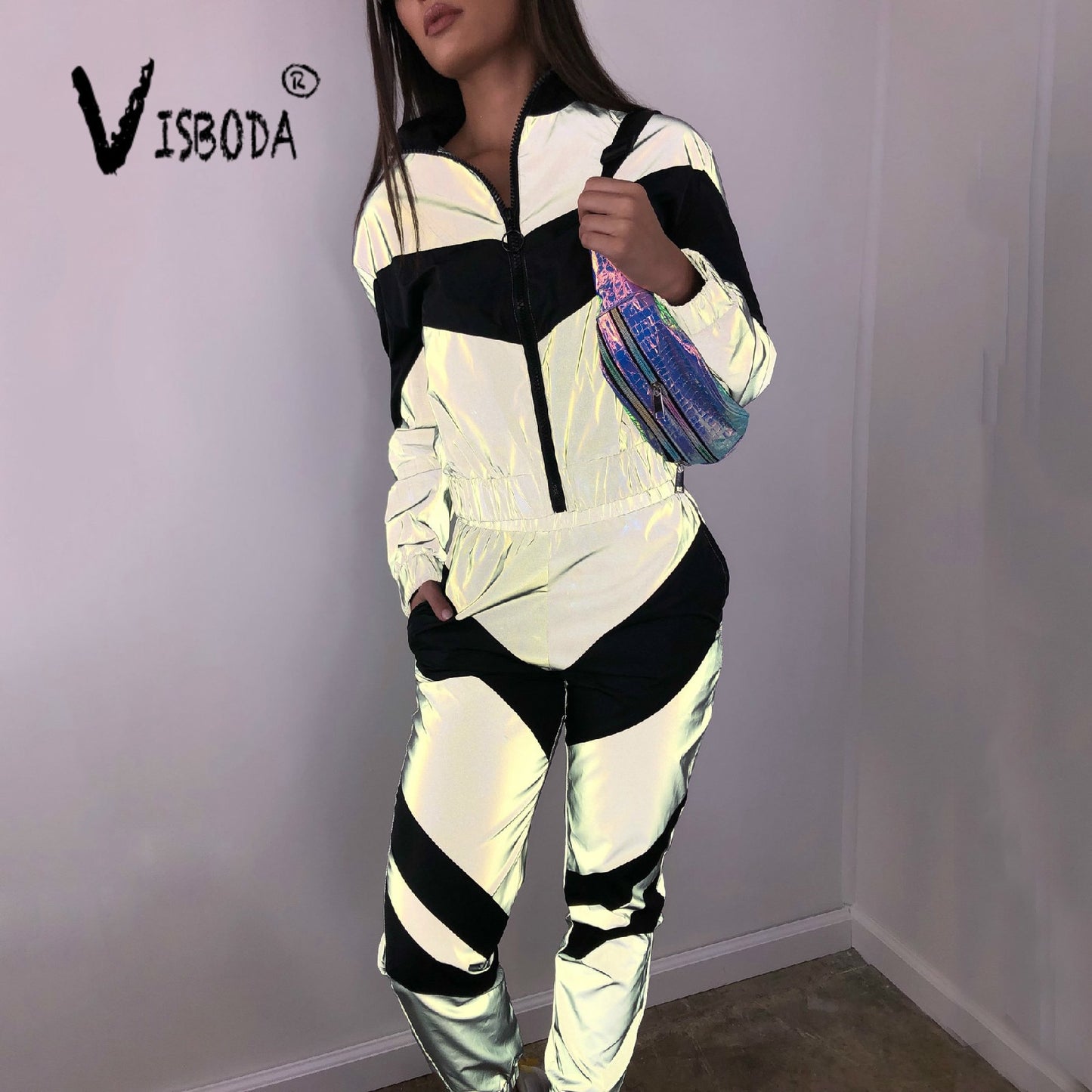 Women Tracksuits 2 Piece Set Reflective Zipper Crop Top Pants Hip Hop Fashion Female Loose Shine Jacket Coat Trousers Plus Size