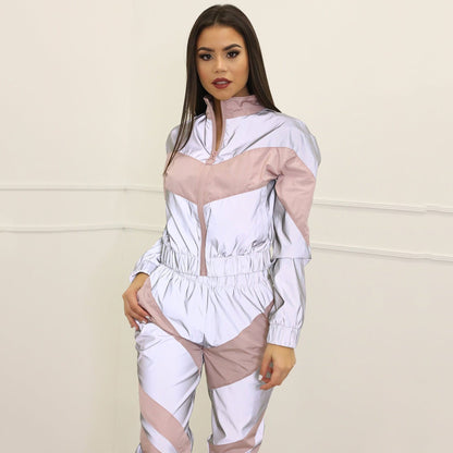 Women Tracksuits 2 Piece Set Reflective Zipper Crop Top Pants Hip Hop Fashion Female Loose Shine Jacket Coat Trousers Plus Size