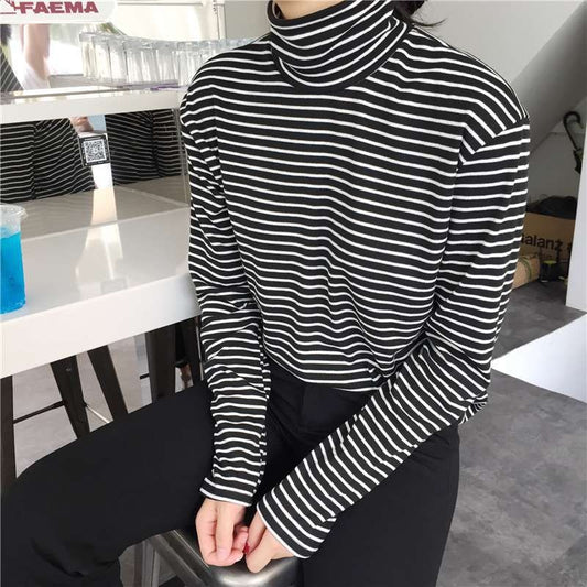 Women Turtleneck Korean Style T Shirt Harajuku Top Long Sleeved Striped Tops female T shirt Summer casual tops Large Size