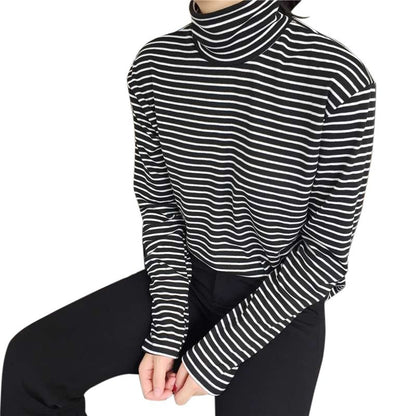 Women Turtleneck Korean Style T Shirt Harajuku Top Long Sleeved Striped Tops female T shirt Summer casual tops Large Size