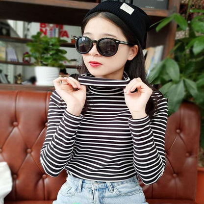 Women Turtleneck Korean Style T Shirt Harajuku Top Long Sleeved Striped Tops female T shirt Summer casual tops Large Size