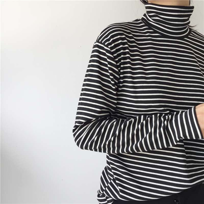 Women Turtleneck Korean Style T Shirt Harajuku Top Long Sleeved Striped Tops female T shirt Summer casual tops Large Size