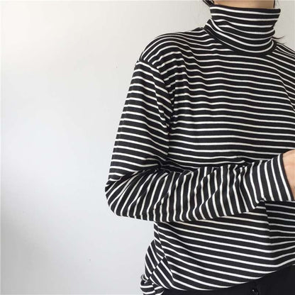 Women Turtleneck Korean Style T Shirt Harajuku Top Long Sleeved Striped Tops female T shirt Summer casual tops Large Size