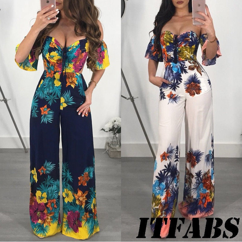 Women V Neck Off-shoulder Summer Jumpsuit 2018 New Lady Floral Printed Romper Clubwear Playsuit Casual Backless Jumpsuit&amp;Romper